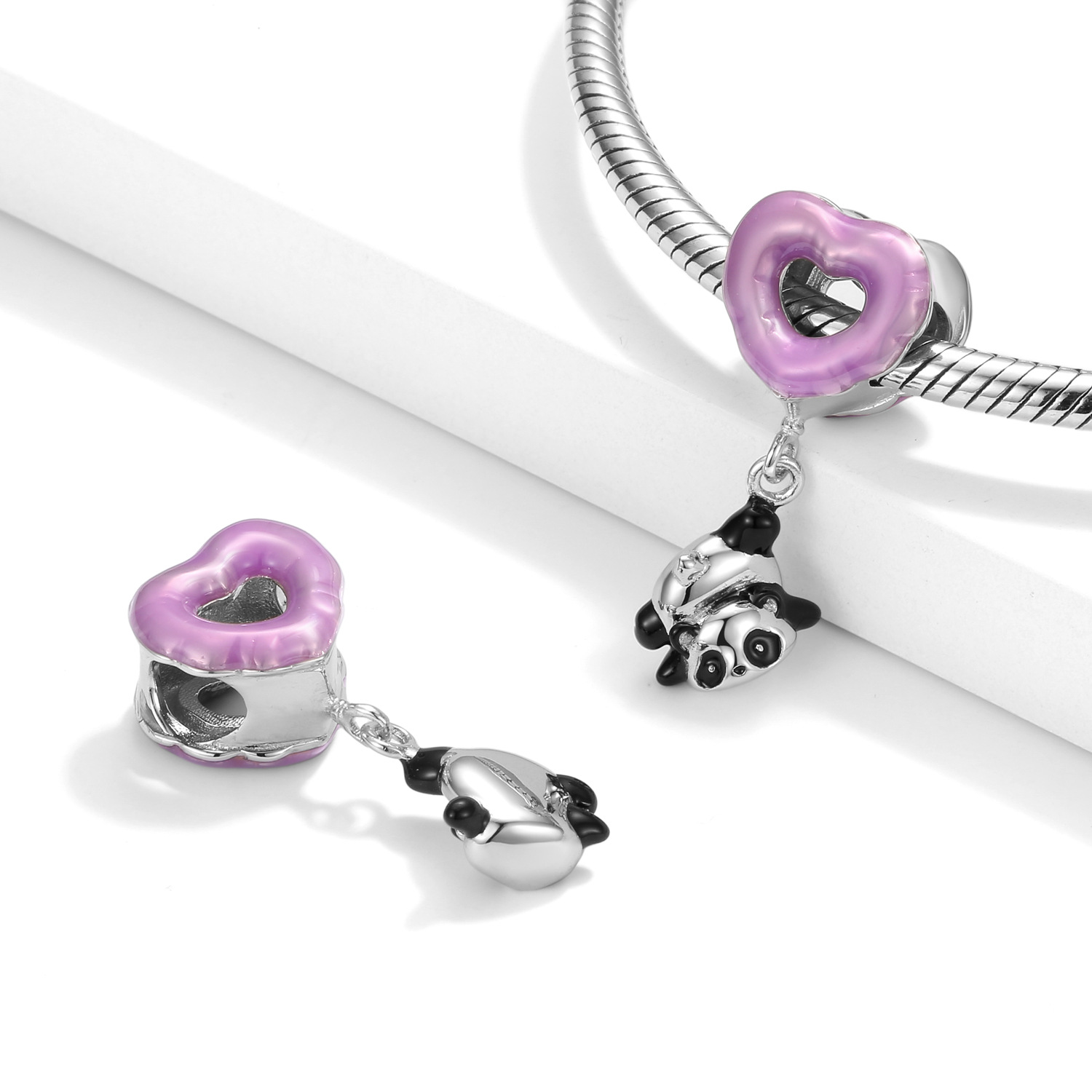 Colorful Heart Balloon Panda Charm 925 Sterling Silver Big Hole Bead for DIY Bracelet — Purple