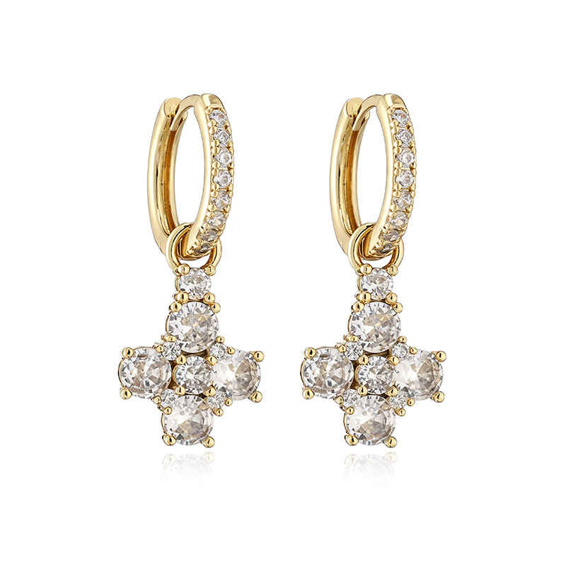 Copper Inlaid Colorful Zircon Flower Huggie Hoop Earrings Dainty Flower Petal Dangle Charms for Women — Gold-tone with Clear Flower