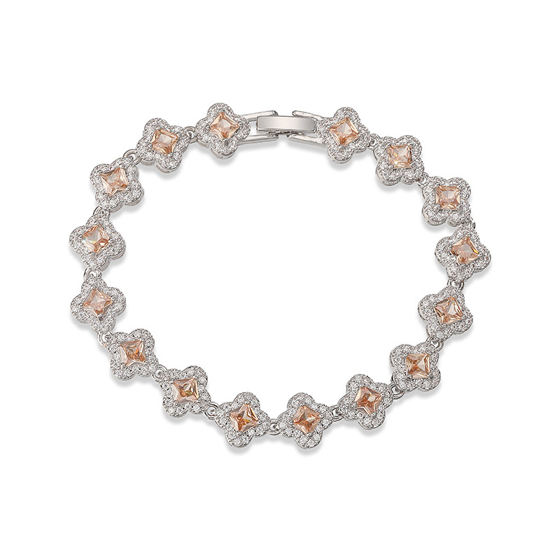 Copper Inlaid Colorful Zirconia Four-Leaf Clover Flower Petal Stackable Bracelet for Women - Luxury Sparkling Floral Bangle 22