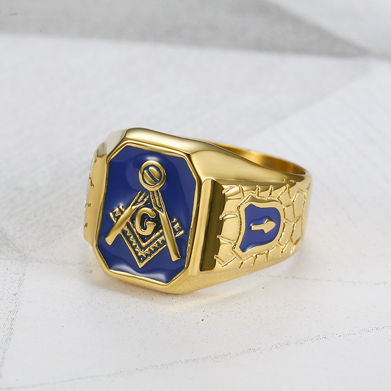Gold-Plated Hexagonal Blue Enamel Masonic Signet Ring 2