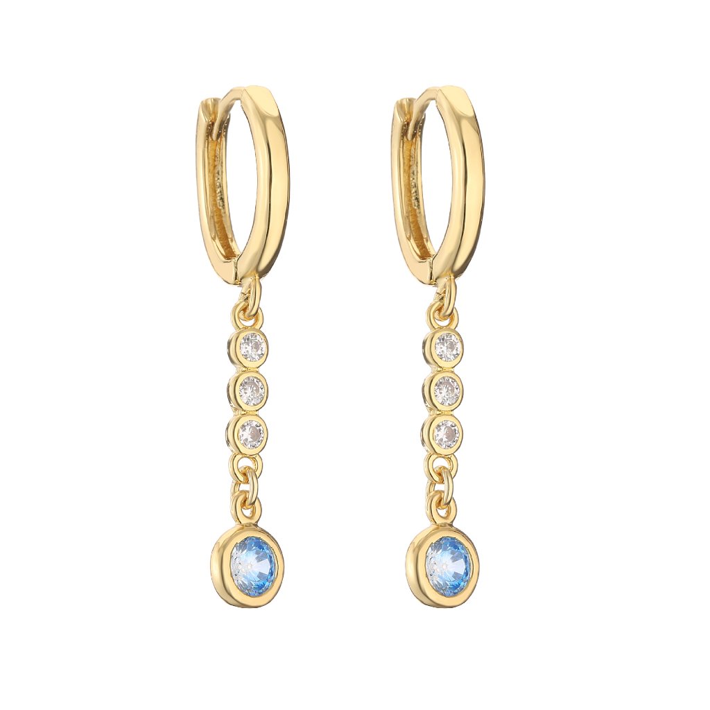 18K Gold Plated Copper Round Huggie Hoop Earrings with Colorful Zircon Dot Chain Dangle Charms — Long - Clear Chain with Light Blue End