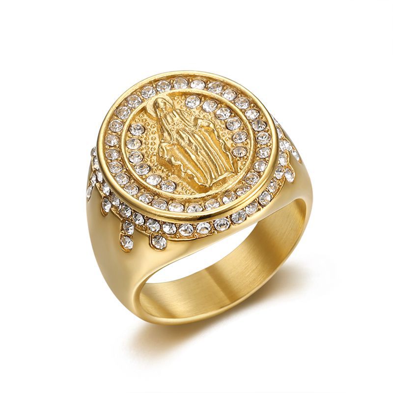 Gold-Plated Virgin Mary Rhinestone Signet Ring — Rings | MAOLE Fine Jewelry