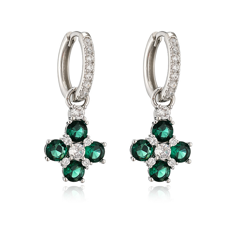 Copper Inlaid Colorful Zircon Flower Huggie Hoop Earrings Dainty Flower Petal Dangle Charms for Women — Silver-tone with Green Flower