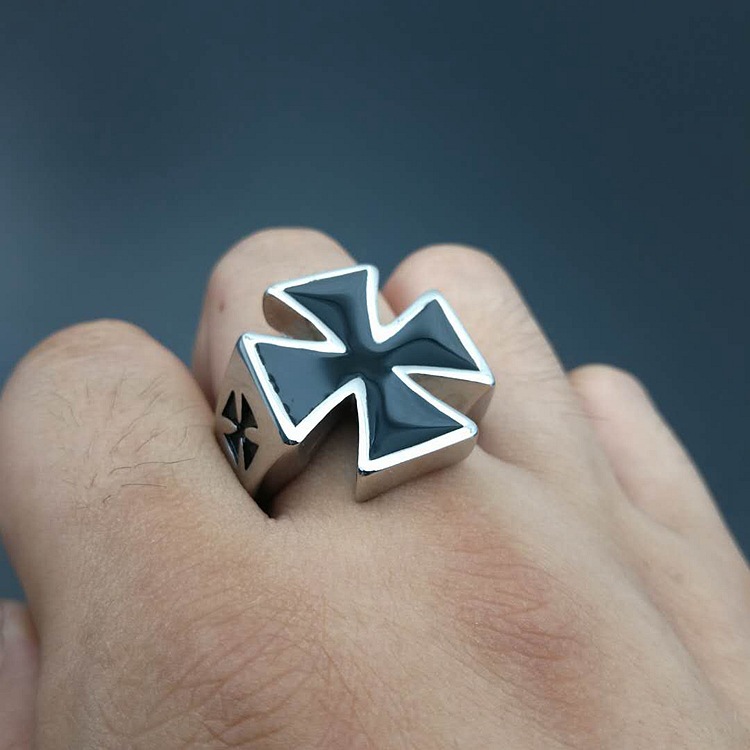 Steel Iron Cross Black Enamel Signet Ring 2