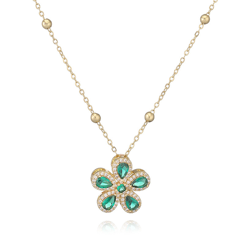 Copper-Inlaid Teardrop Colored Diamond Five-Petal Flower Pendant Necklace - Elegant Light Luxury Sparkling Floral Beaded Clavicle Chain 7