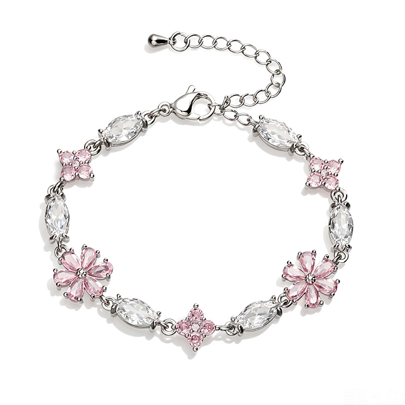 Elegant Sweet Copper Inlaid Pink Zircon Cherry Blossom Spliced Bracelet Niche High-Sense Flower Petal Charm Chain — Silver-tone
