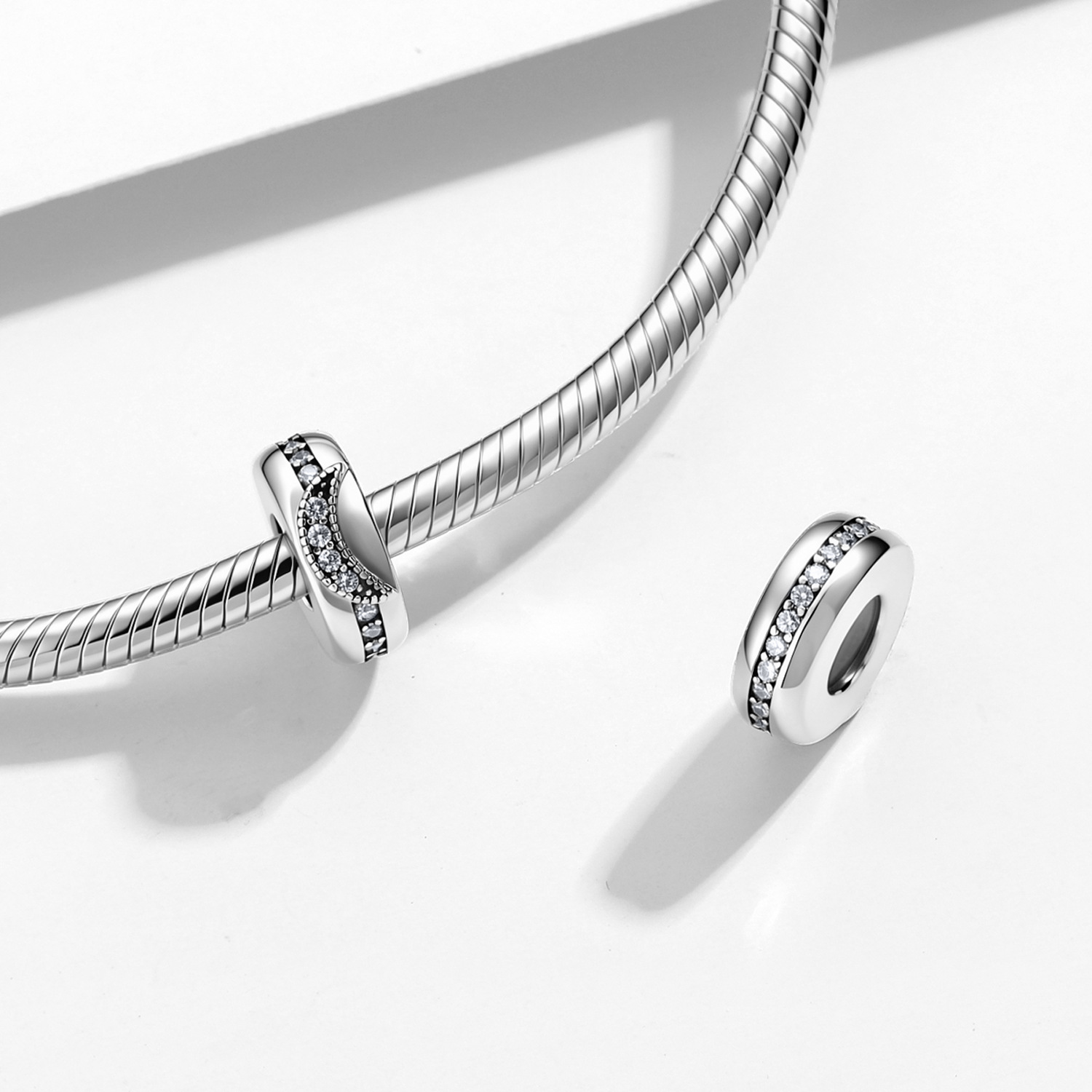 S925 Sterling Silver Minimalist Line Spacer Charm with Zirconia - Fashion DIY Bracelet Bead 2