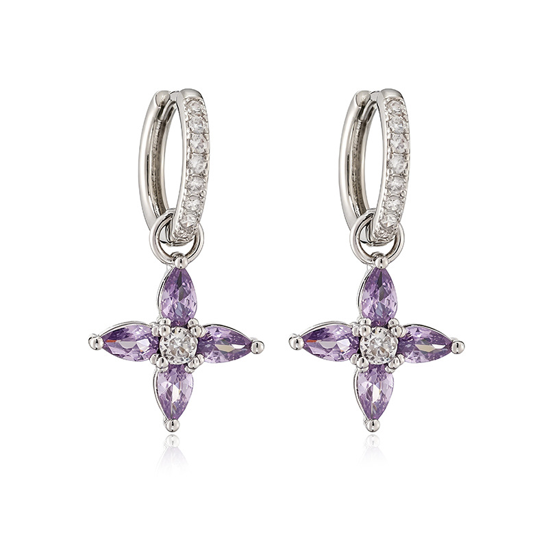 Copper Inlaid Colorful Zircon Marquise Petal Flower Huggie Hoop Earrings Dainty Floral Dangle Charms for Women — Silver-tone with Purple Flower