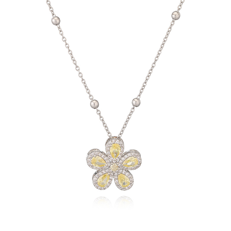 Copper-Inlaid Teardrop Colored Diamond Five-Petal Flower Pendant Necklace - Elegant Light Luxury Sparkling Floral Beaded Clavicle Chain 6