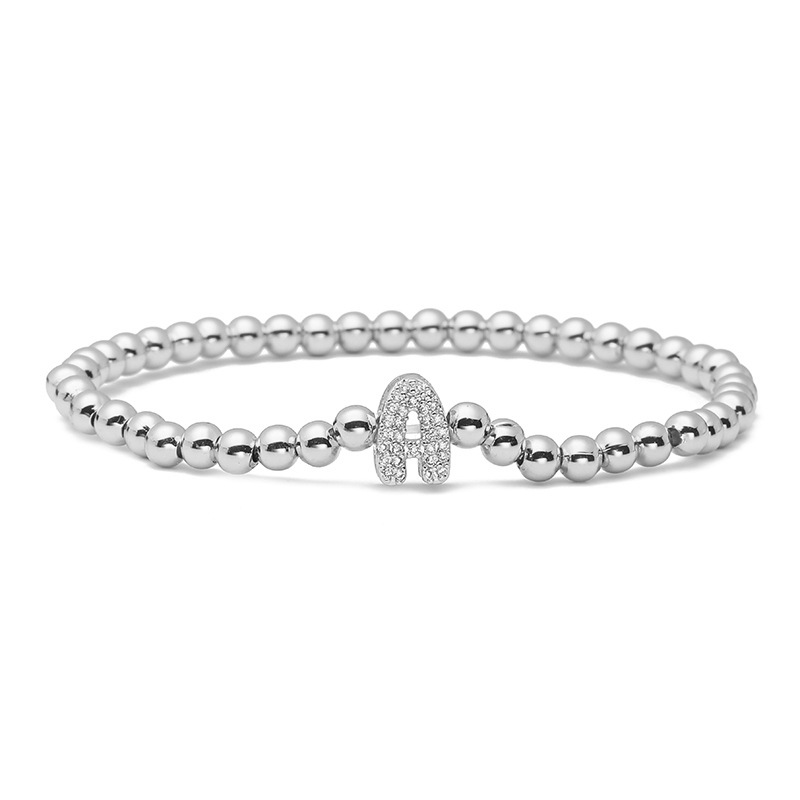 Copper Full Zirconia 26-Letter Elastic Beaded Bracelet (Silver-tone) - Women's Round Bead Charm Bracelet — Silver - A
