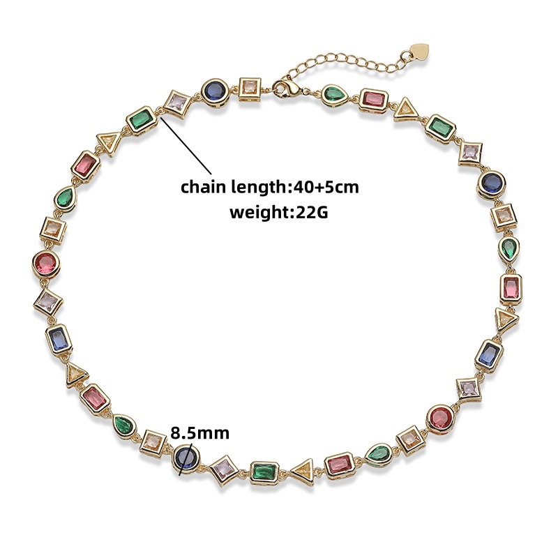 Copper Inlaid Colorful Zirconia Geometric Patchwork Necklace - Personalized Bohemian Style Jewelry Necklace for Women 2