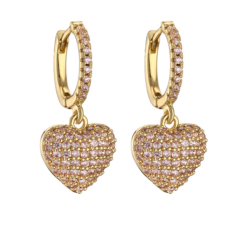 French-Style Light Luxury Colorful Zircon Heart Huggie Hoop Earrings with Pavé Heart Dangle Charms — Light Pink/Champagne