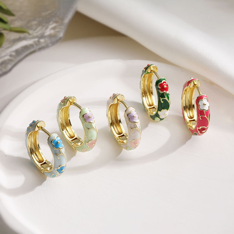 Colorful Enamel Rose Flower Hoop Huggie Earrings - Sweet Dopamine Camellia Style