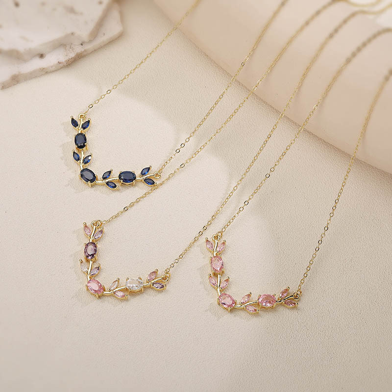 Exquisite Light-Luxury Copper Inlaid Colorful Zirconia Tulip Necklace - Sweet Versatile Branch-Leaf Flower Petal Collar Chain