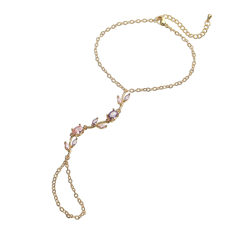 Copper Inlaid Colorful Zirconia Tulip Finger Chain Bracelet - Light Luxury Flower Petal Hand Chain Ring Integrated Slave Bracelet for Women 4
