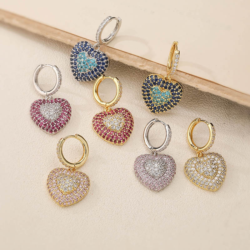 Exquisite Light Luxury Copper Inlaid Colorful Zircon Double-Layer Heart Huggie Hoop Earrings Super Sparkly Heart Dangle Charms — Charms | MAOLE Fine Jewelry