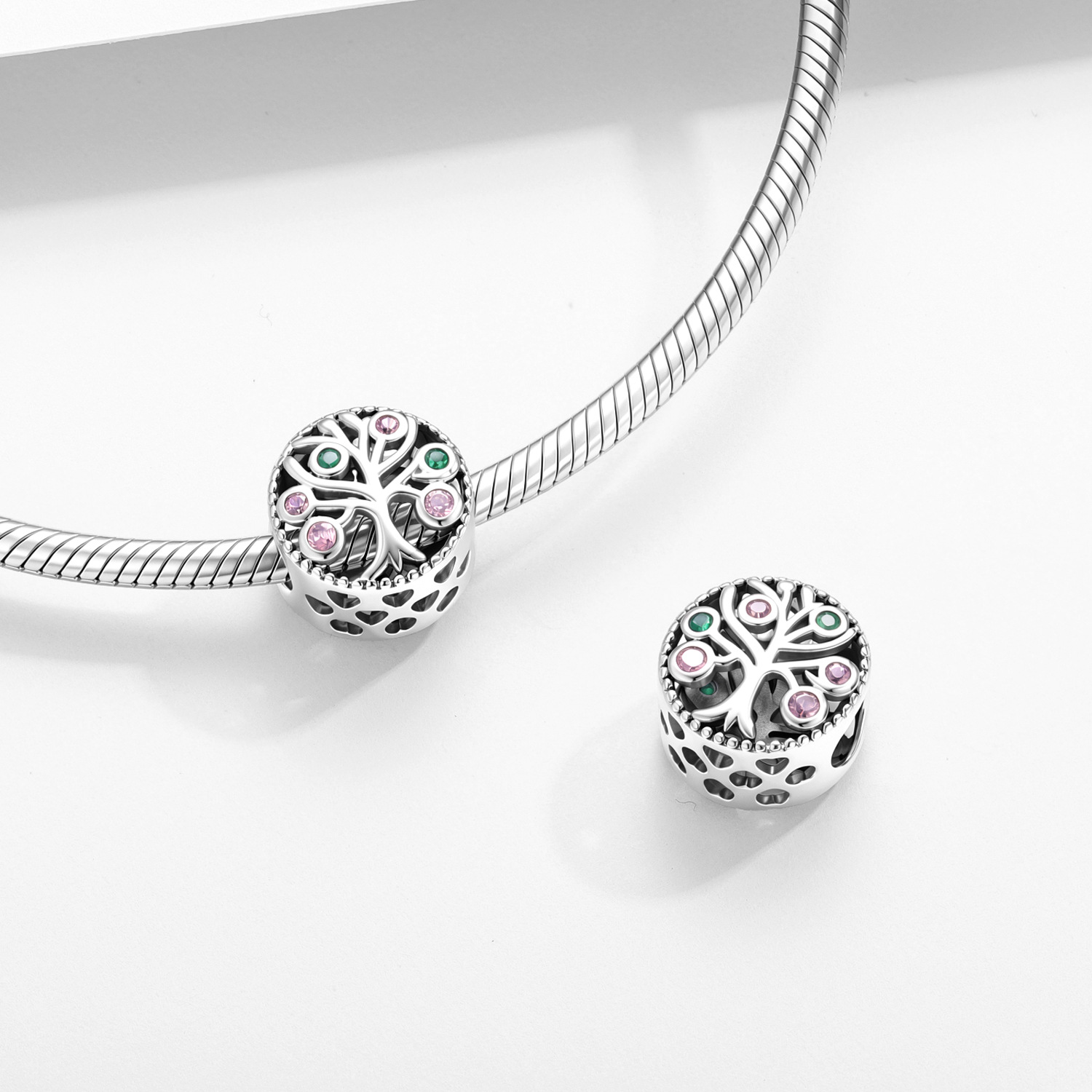 S925 Sterling Silver Tree of Life Charm - Colorful Zircon Openwork Bracelet Bead — view 2