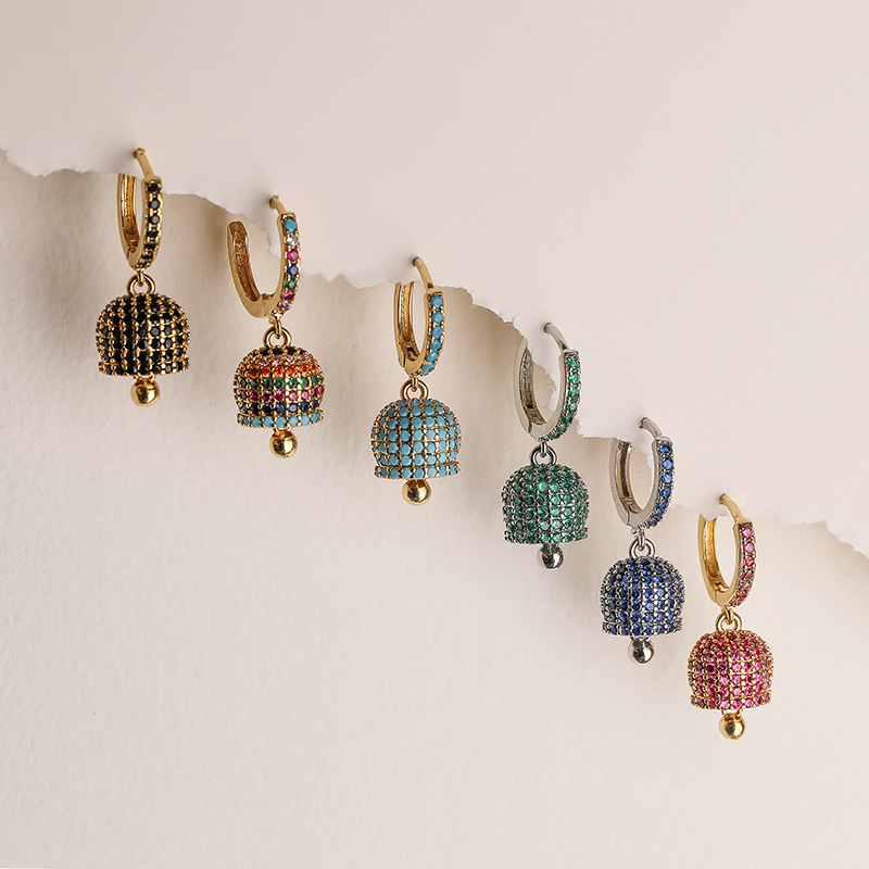 Fashion Luxury Copper Inlaid Colored Diamond Bell Earrings - Niche High-End Bell-Shaped Jewelry