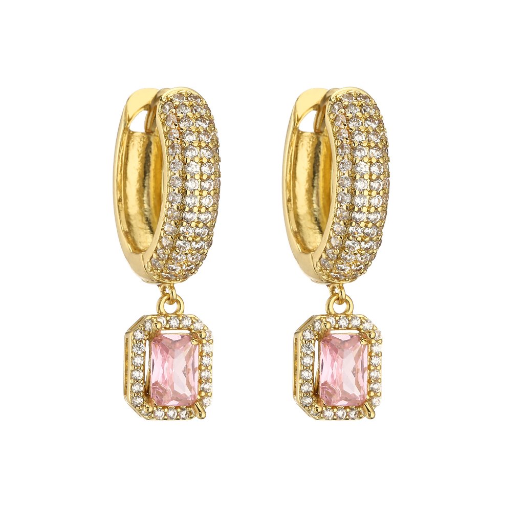 Full Drill Square Sugar Earrings - Copper 18K Gold Plated Super Sparkling Pink Diamond Small Square Dangle Ear Clips (Gold Pink)