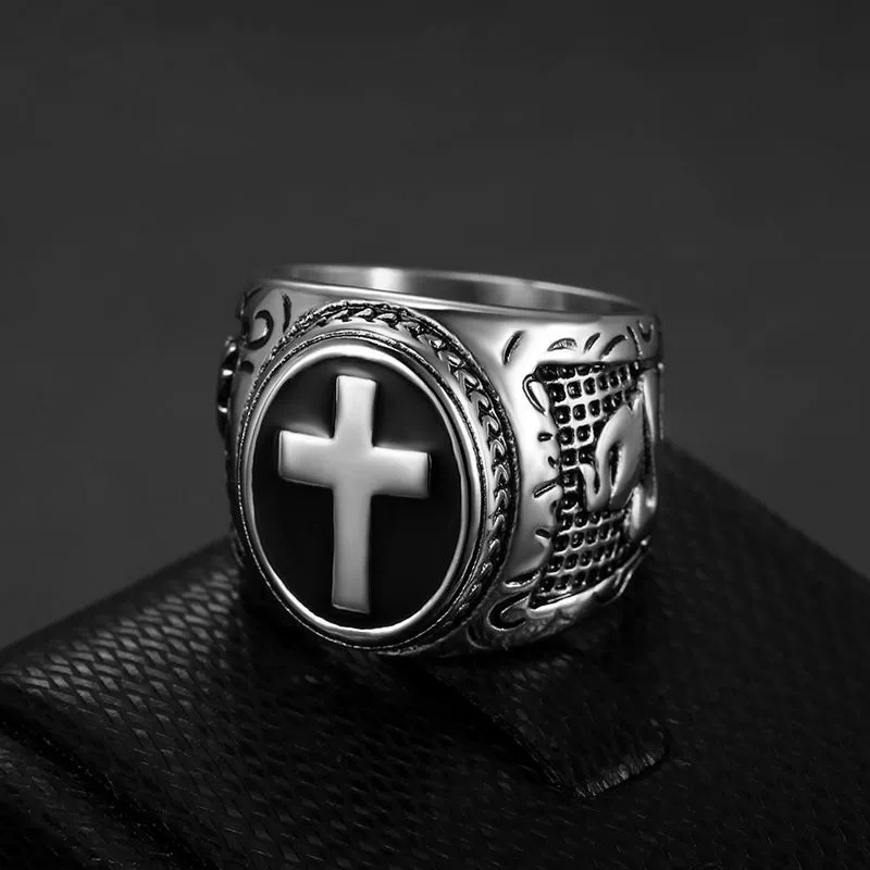 Vintage Steel Cross Black Enamel Signet Ring 2