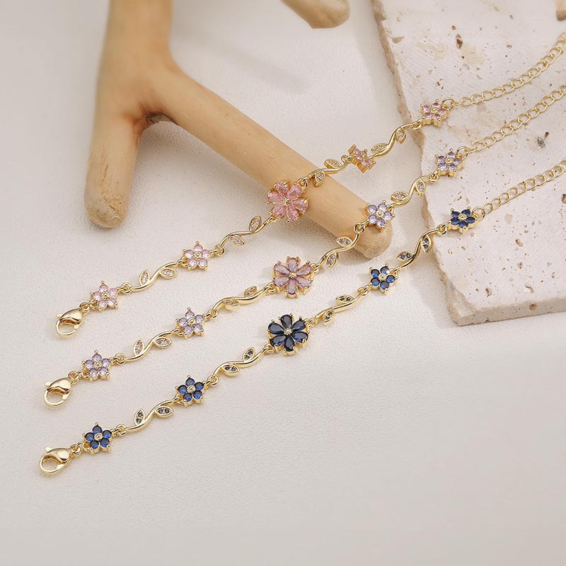 Copper Inlaid Colorful Zirconia Five-Petal Flower and Leaf Bracelet - Versatile Floral Petal Hand Accessory 2