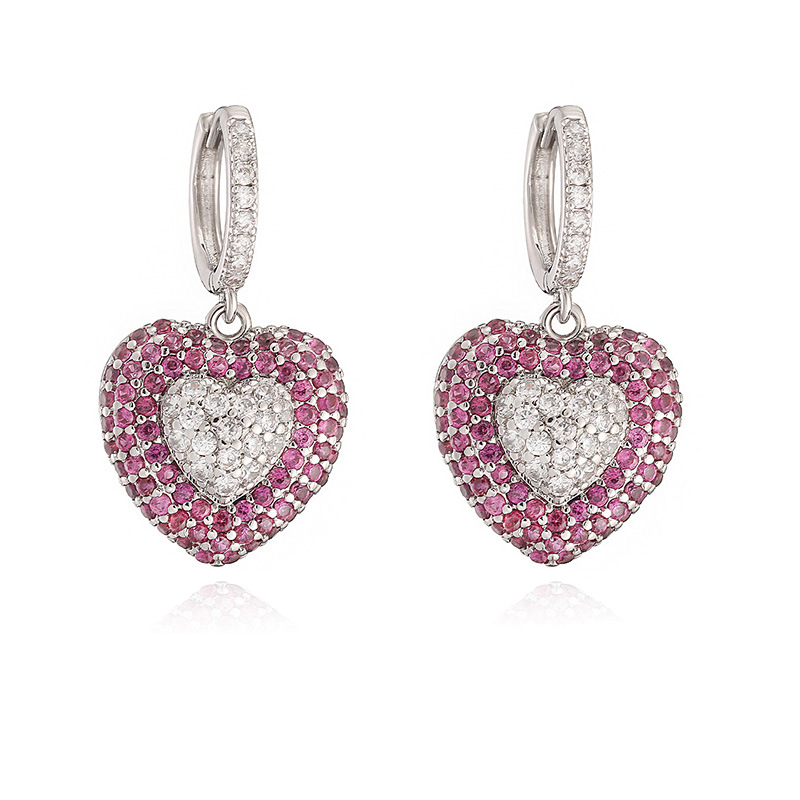 Exquisite Light Luxury Copper Inlaid Colorful Zircon Double-Layer Heart Huggie Hoop Earrings Super Sparkly Heart Dangle Charms — Silver-tone with Magenta Heart