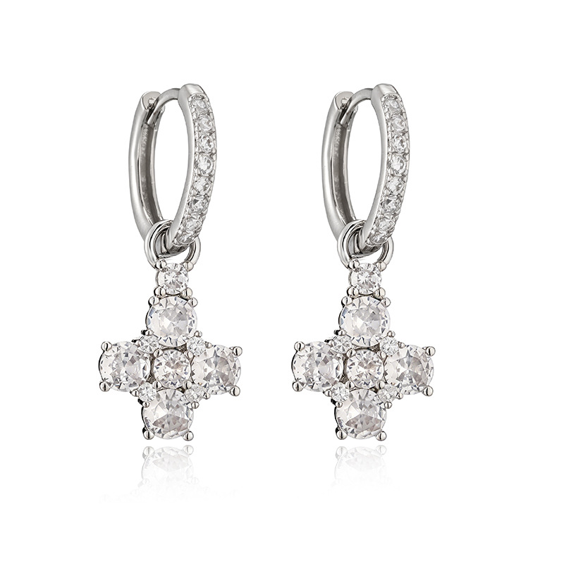 Copper Inlaid Colorful Zircon Flower Huggie Hoop Earrings Dainty Flower Petal Dangle Charms for Women — Silver-tone with Clear Flower