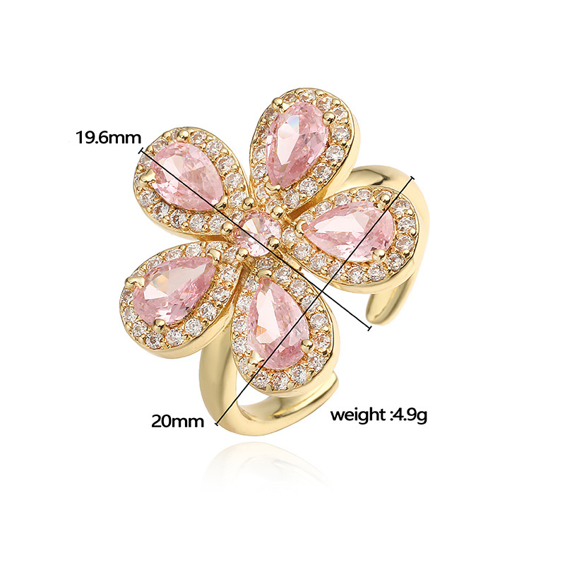 Copper Inlaid Colorful Zirconia Flower Petal Ring - Luxury Sparkle Five-Petal Adjustable Open Ring 3