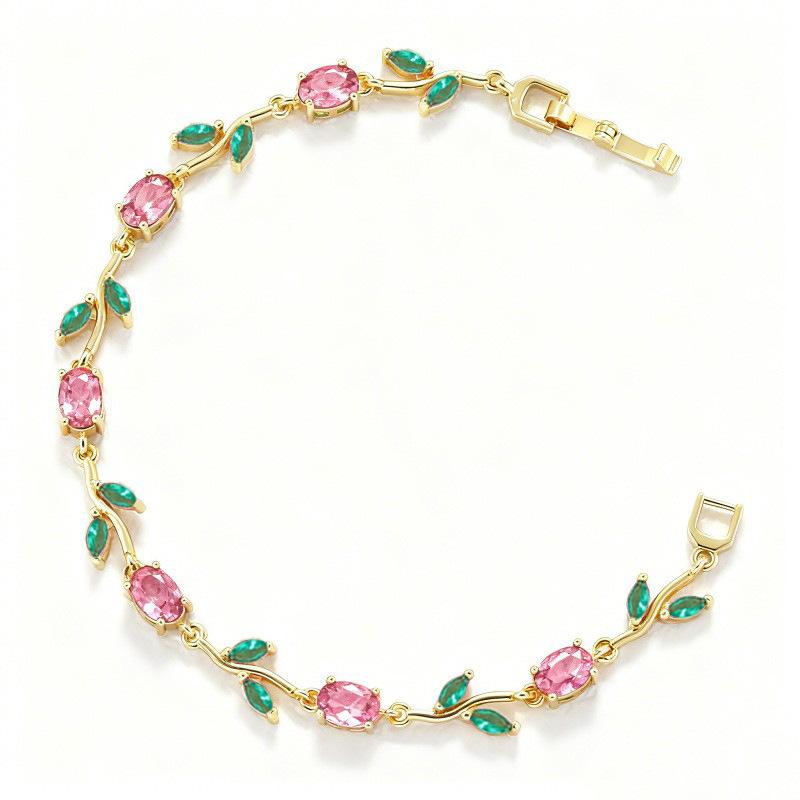 Elegant Versatile Copper-Inlaid Colorful Diamond Branch and Petal Bracelet, Fashion Luxury Leaf and Tulip Layering Jewelry