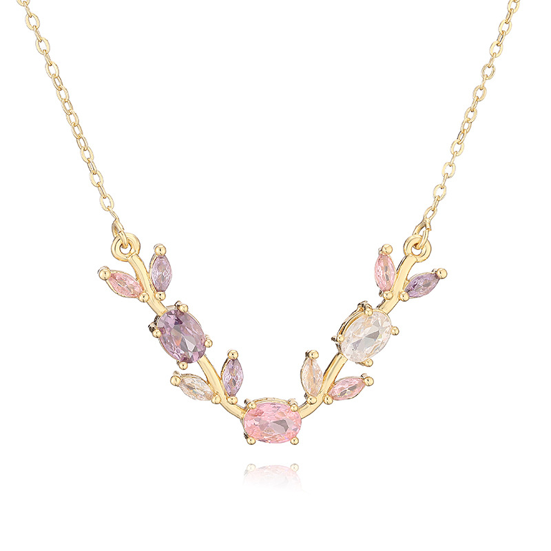 Exquisite Light-Luxury Copper Inlaid Colorful Zirconia Tulip Necklace - Sweet Versatile Branch-Leaf Flower Petal Collar Chain 4