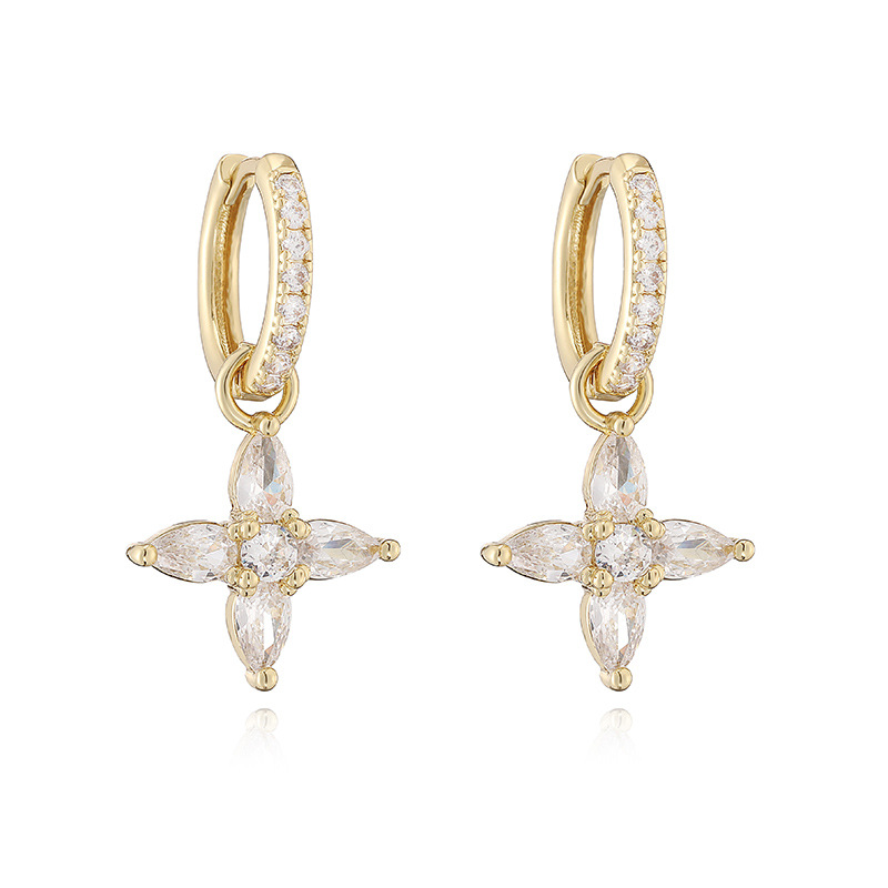 Copper Inlaid Colorful Zircon Marquise Petal Flower Huggie Hoop Earrings Dainty Floral Dangle Charms for Women — Gold-tone with Clear Flower