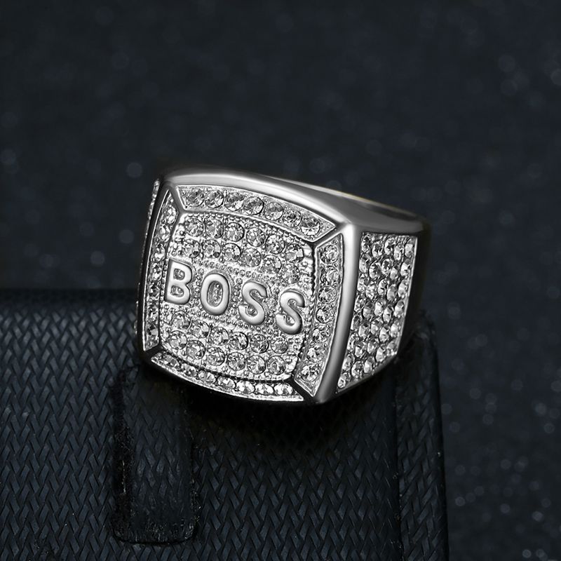 Steel Rhinestone BOSS Letter Signet Ring — view 2