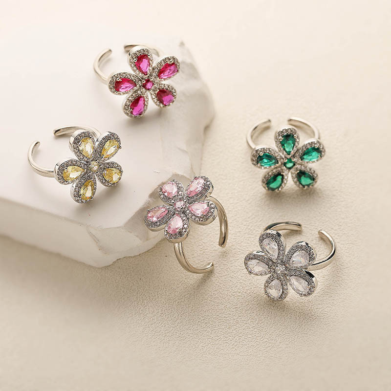 Copper Inlaid Colorful Zirconia Flower Petal Ring - Luxury Sparkle Five-Petal Adjustable Open Ring 2