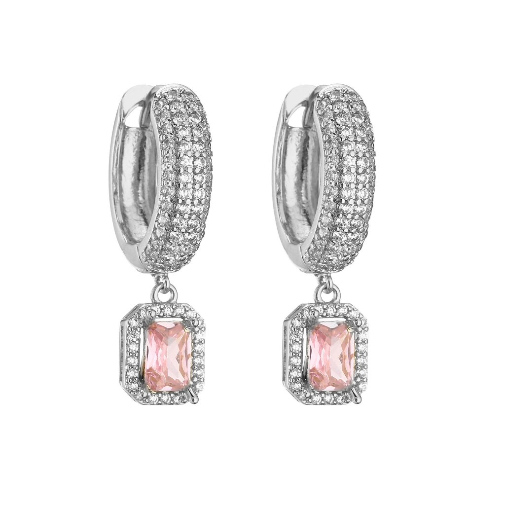Full Drill Square Sugar Earrings - Copper 18K Gold Plated Super Sparkling Pink Diamond Small Square Dangle Ear Clips (Silver Pink)