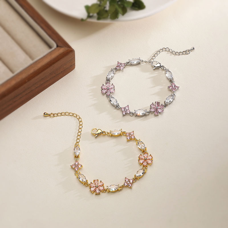 Elegant Sweet Copper Inlaid Pink Zircon Cherry Blossom Spliced Bracelet Niche High-Sense Flower Petal Charm Chain — Both Colors with Display Case