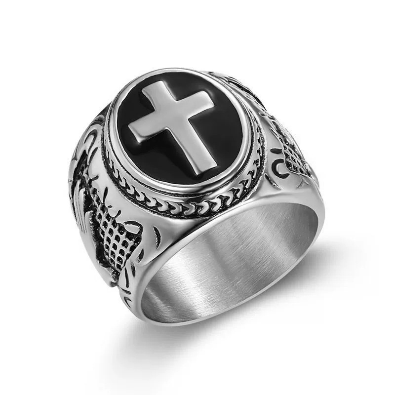Vintage Steel Cross Black Enamel Signet Ring
