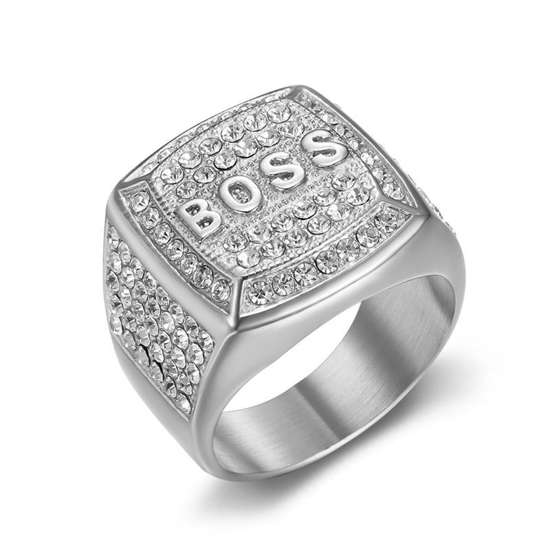 Steel Rhinestone BOSS Letter Signet Ring — Rings | MAOLE Fine Jewelry
