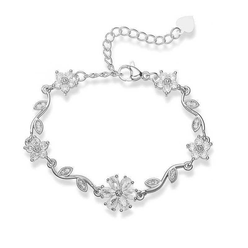 Copper Inlaid Colorful Zirconia Five-Petal Flower and Leaf Bracelet - Versatile Floral Petal Hand Accessory 5