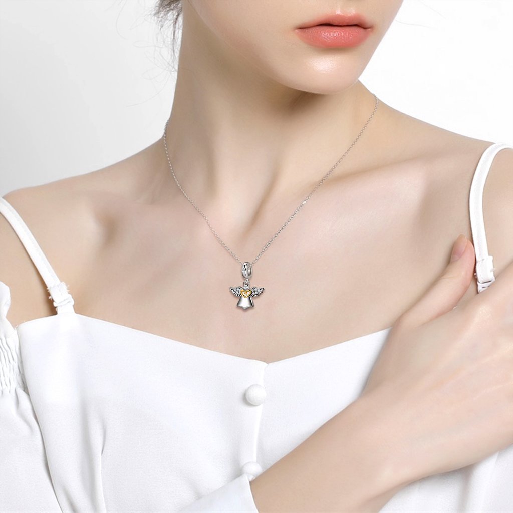 S925 Sterling Silver Angel Charm 14K Gold Plated Heart Pavé Zircon Big Hole Bead for DIY Bracelet — view 2