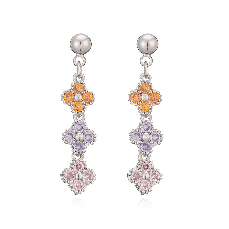 Elegant Crystal Flower Tassel Drop Earrings - Triple Floral Dangle Studs 5