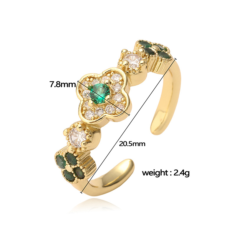 Copper Inlaid Multi-Color Zirconia Flower Ring for Women - Adjustable Open Ring — Green - size chart