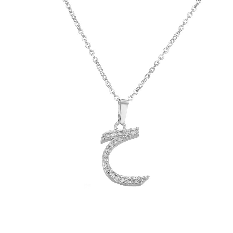 Copper Inlaid Zircon Arabic Letter Pendant Necklace Personalized Hip-Hop Letter Chain Silver Tone 5