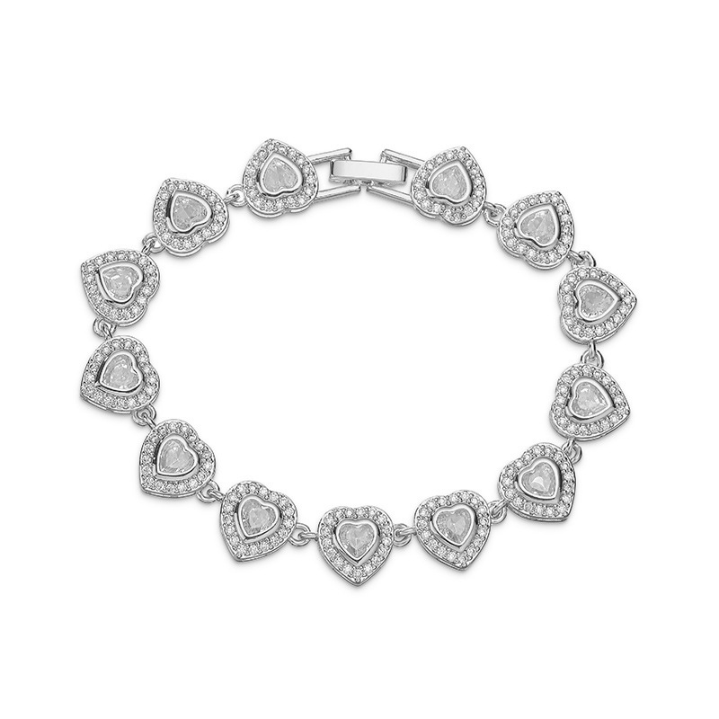 Copper Inlaid Crystal Heart Link Bracelet - Light Luxury Heart Charm — Silver Clear