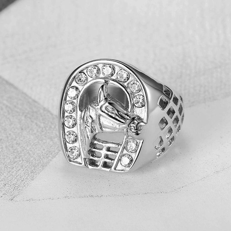 Steel Rhinestone Horse Head Signet Ring — view 2