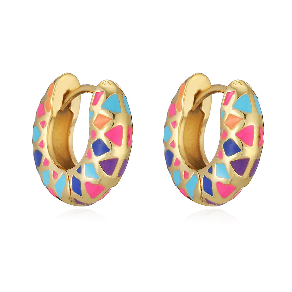 New Colorful Drip Oil Enamel U-Shape Hoop Earrings Creative Spliced Diamond Lattice Pattern 5