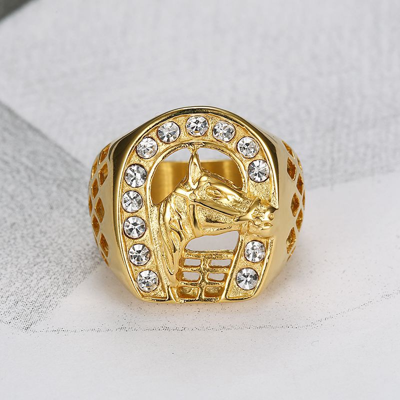 Gold-Plated Rhinestone Horse Head Signet Ring — view 2