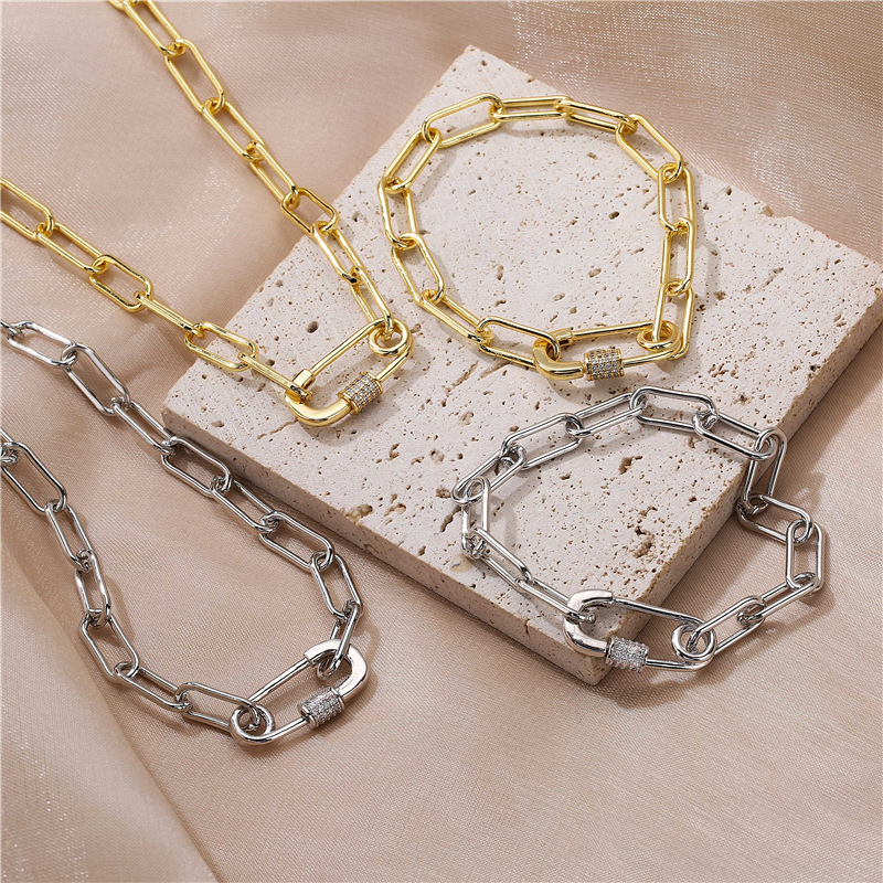 Micro-Pave Safety Pin Paperclip Chain Necklace and Bracelet - Hip-Hop Trendy Jewelry