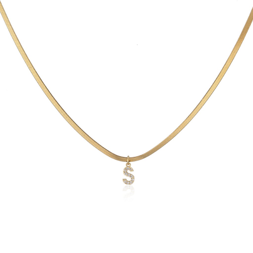 Micro-Paved Letter Necklace Blade Chain Flat Snake Bone Chain Stainless Steel Necklace