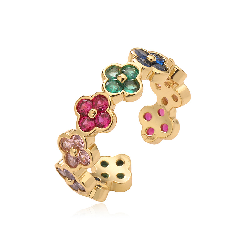 Copper Inlaid Color Diamond Flower Open Adjustable Ring Elegant Flower Petal Band — Multi-Color