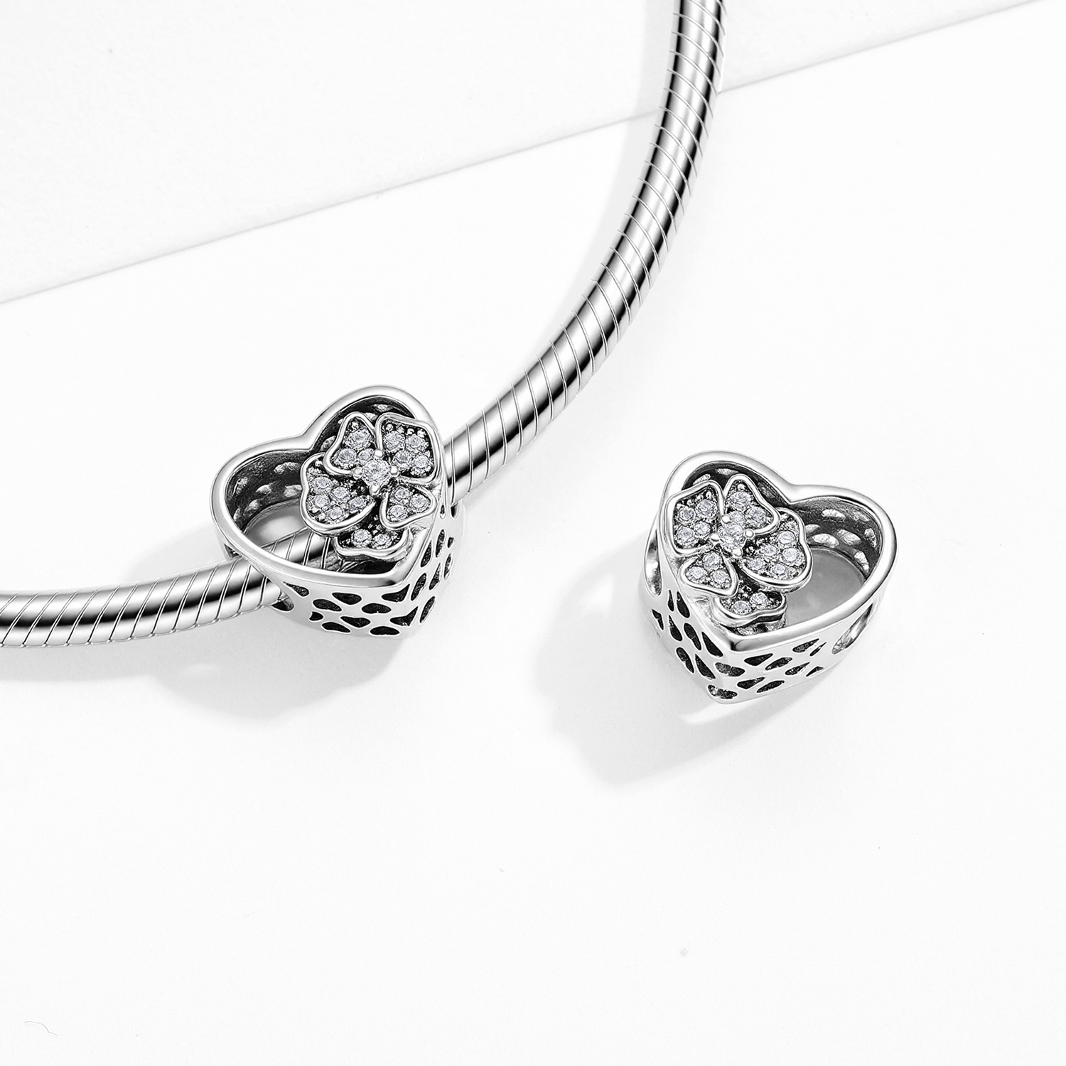 Heart Openwork Flower Garland Charm - 925 Sterling Silver Cubic Zirconia Pendant — view 2